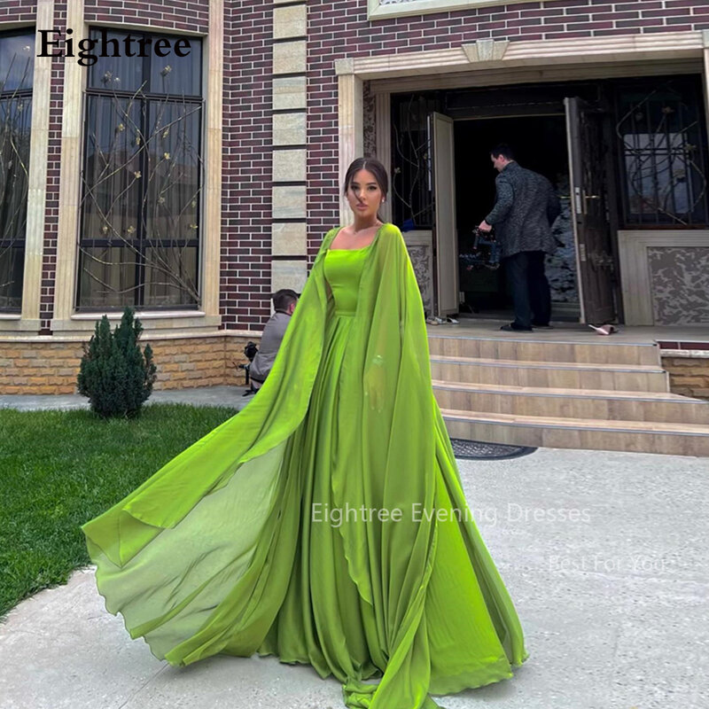 Eightree Green Evening Dresses with Cape Chiffon Square Neck A Line Formal Occasion Dress Floor Length Wedding Party Prom Gowns