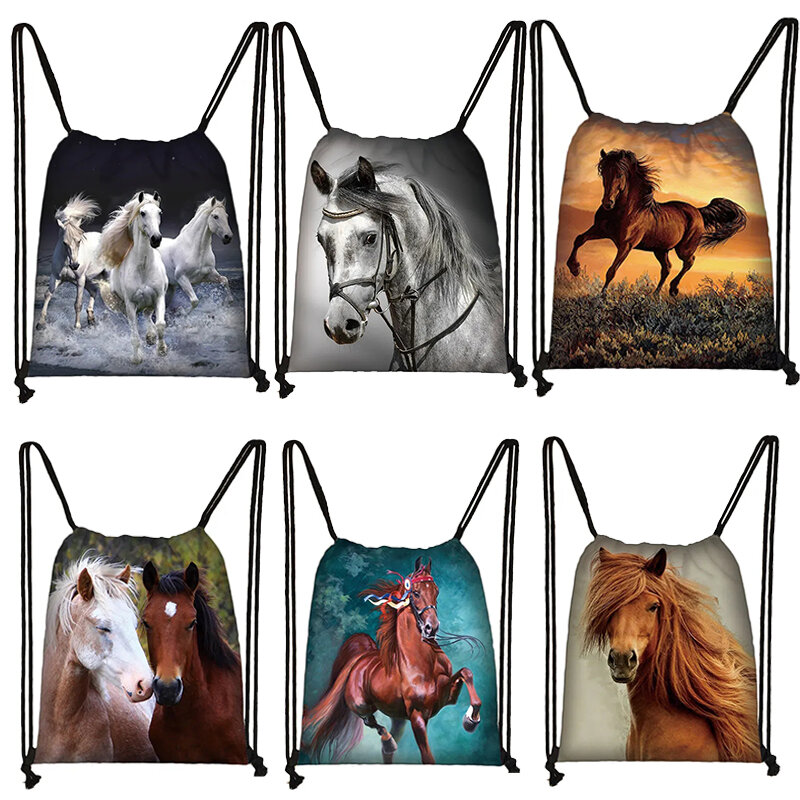 Elegent Animal Horse Print Drawstring Bag Women Men Storage Bag Fashion Rucksack Cute Pony Boys Girls Backpack Kids Bookbag Gift