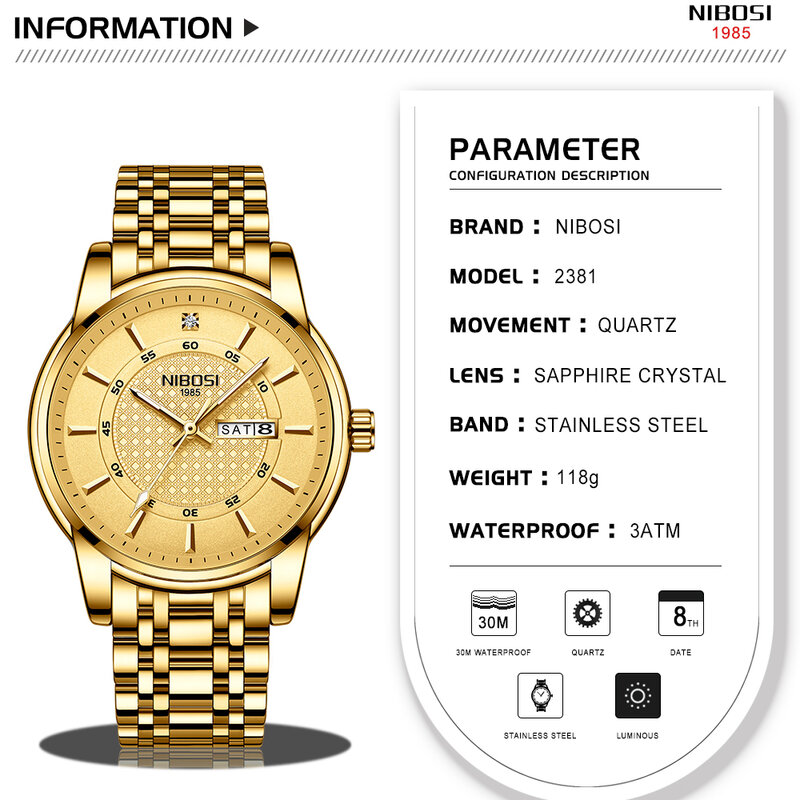 NIBOSI Fashion Mens Watches Top Brand Luxury Gold Quartz Watch Sports Stainless Steel Waterproof Date Wristwatch Men's Clock