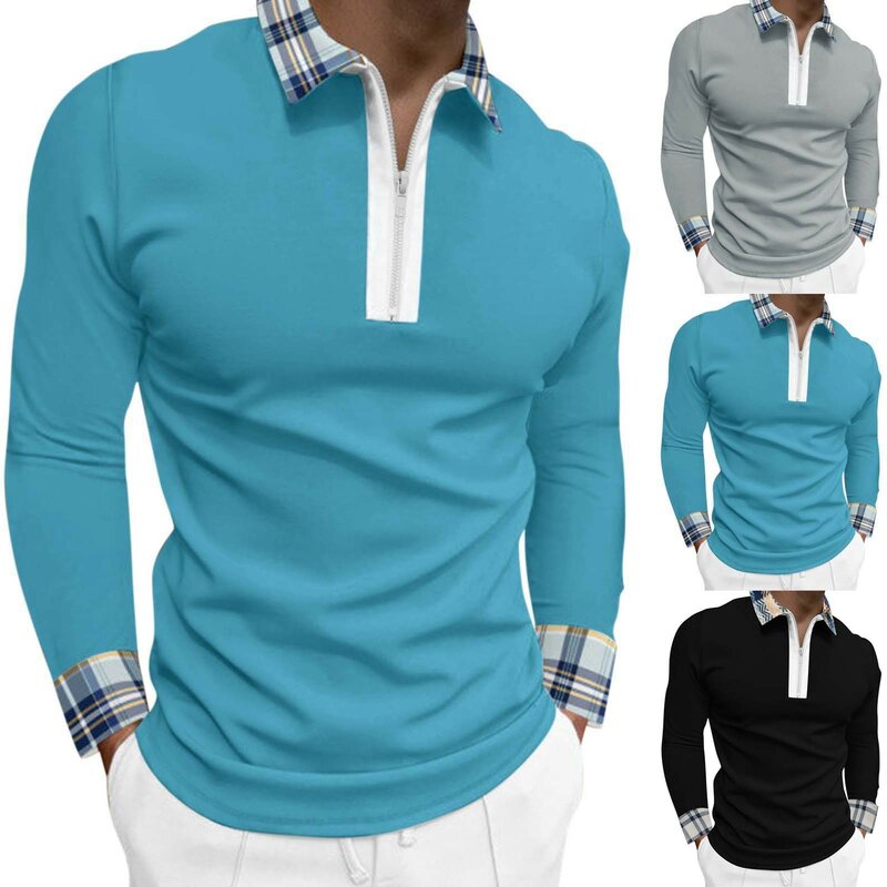 T-Shirt da uomo tinta unita All-Match coreano-Fashiont-Shirt Comfort Tee top Polo-Shirt con cerniera collo a risvolto Chemise a maniche lunghe