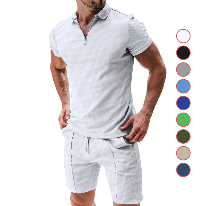 Men's Short-sleeved Shorts Casual Suit Summer with Solid Color Casual Loose Lapel T-shirt Suit