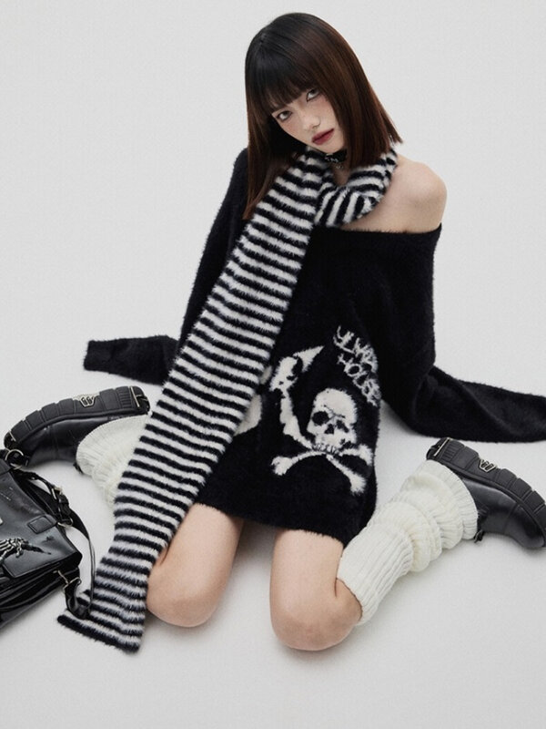 Harajuku-suéter grueso con estampado de calavera Grunge para Mujer, suéter suelto de Mohair, Y2k, de punto, Punk, Vintage