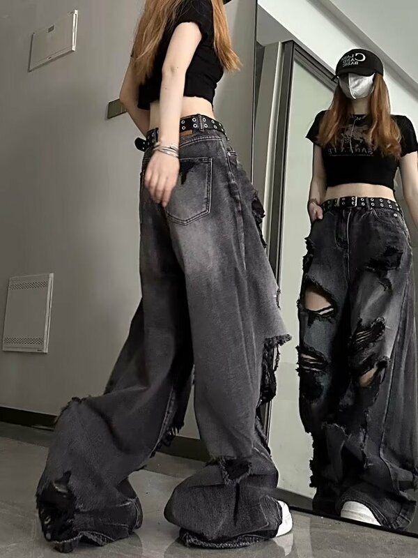 Jeans desain Niche, celana kaki lebar industri jalanan tinggi, celana panjang lantai kelas atas, Jeans wanita merek trendi