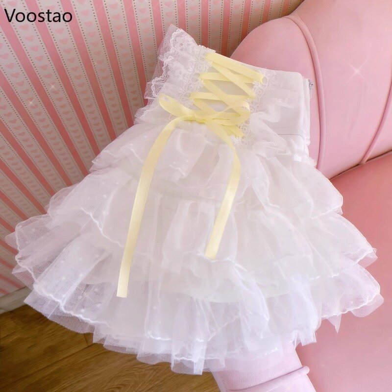 Słodka styl Lolita Mini spódniczka japońska Kawaii koronkowe falbany siateczka bandaż krótkie spódniczki przypadkowe koreańskie dziewczyny słodkie Faldas Mujer Moda