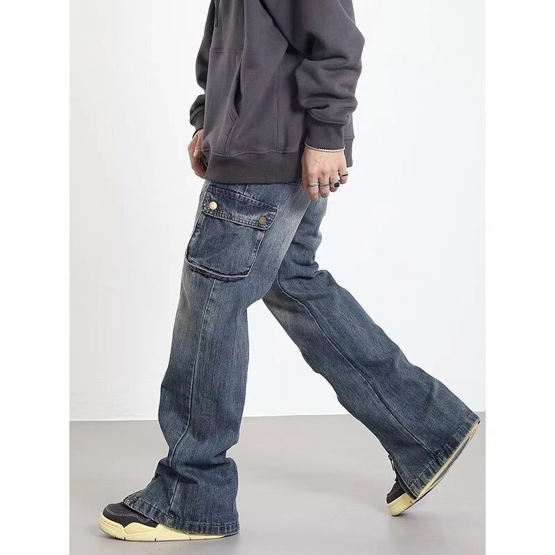 Retro Pocket Zipper Jeans Wide Leg Pants Mwomen Baggy Denim Straight Trouser Casual High Street Streetwear Fashion Cowboy Pants