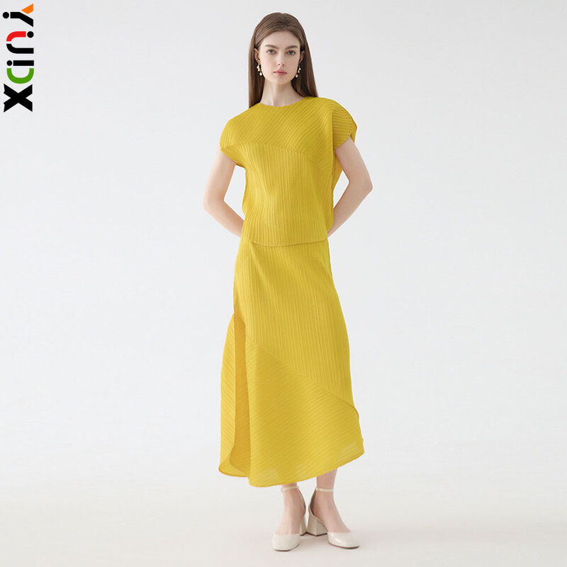 YUDX Miyake Pleated Round Neck Wrap Sleeve Women's Top + Casual Irregular Half Skirt Solid Color Two Piece Set 2024 Summer New