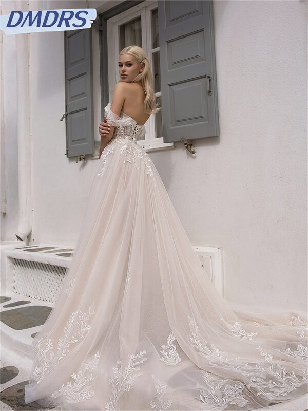Klassische A-Linie Applikation Brautkleid 2024 einfache Applikation Brautkleid anmutige schulter freie boden lange Kleid Vestidos
