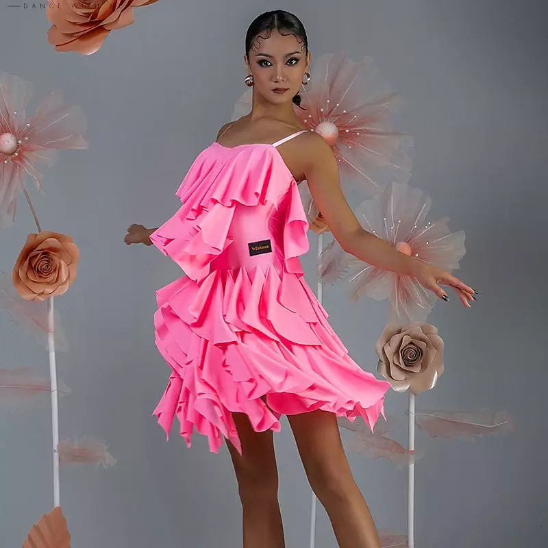 Damska różowa czarna sukienka latynoska sukienka na konkurs tańca towarzyskiego sukienka na studniówkę z odkrytymi plecami, marszczony taniec latynoski