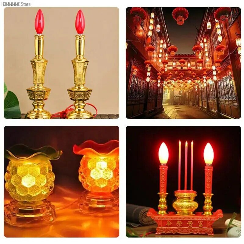 หลอดไฟ LED สำหรับแท่นบูชา E14/E12ใหม่เทียนสีแดง lampu Buddha lampu hias ลูกปัดพระพุทธเจ้าการตกแต่งบ้านหลอดไฟ LED lampu hias เทียน