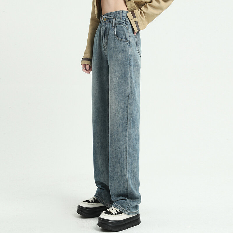 Vintage Blue Y2k celana panjang Denim jalanan wanita, Jeans longgar kaki lebar musim panas 2023 gaya Korea pinggang tinggi