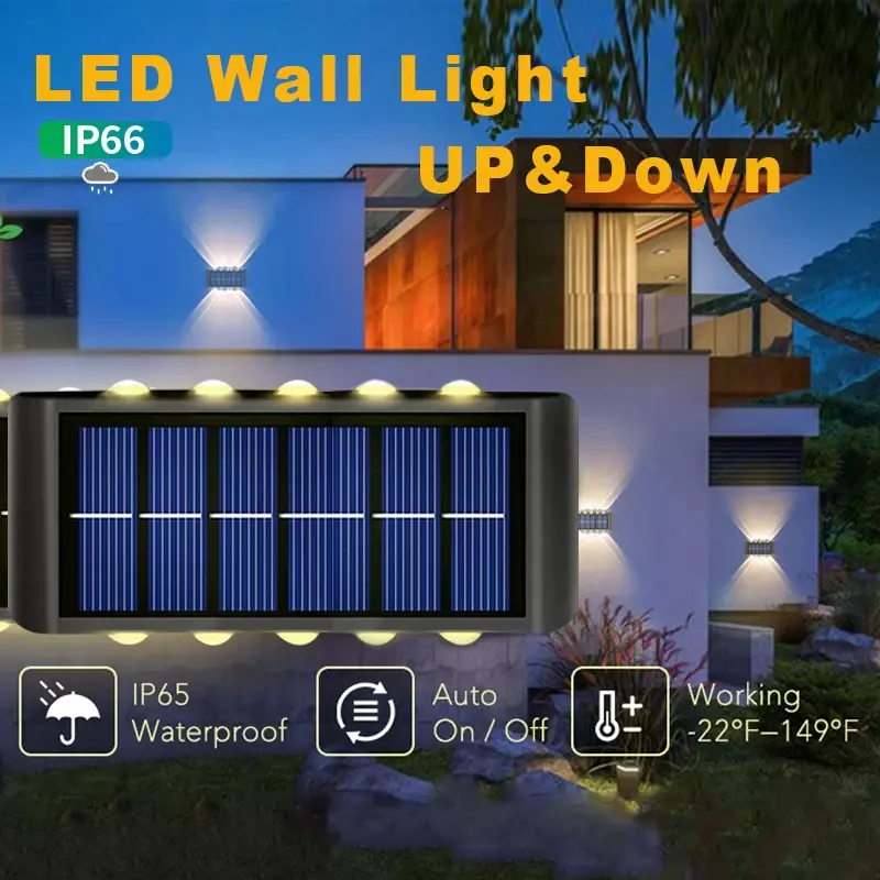 Lâmpadas de parede solares impermeáveis, cabeça dupla, pátio ao ar livre, lâmpadas decorativas de jardim, luminosas superiores e inferiores, luminária solar