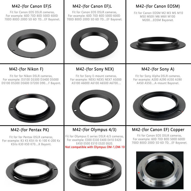 Anillo adaptador de lente de Metal M42 para Nikon, Sony, Minolta, Alpha, Pentax, Olympus, Canon, EOS, EF, EOSM, accesorios de cámara