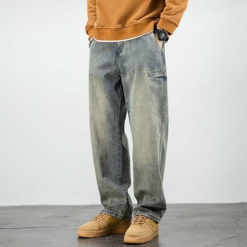 กางเกงยีนส์ผ้ายืดสำหรับผู้ชายกางเกงคาวบอยแนววินเทจ celana Panjang Motor ฟอกสีแนวพังค์ทรงหลวมแนวย้อนยุคทรงแบ็กกี้ลำลองนักออกแบบกอธ