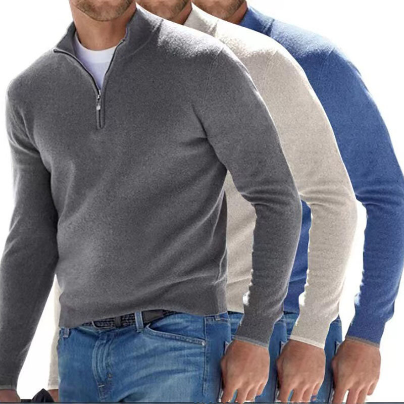 Wiosenne jesienne męskie swetry z ciepłym swetrem z dzianiny na pół zamka w jednolitym kolorze męskie z długimi rękawami ciepłe bluzki 2024