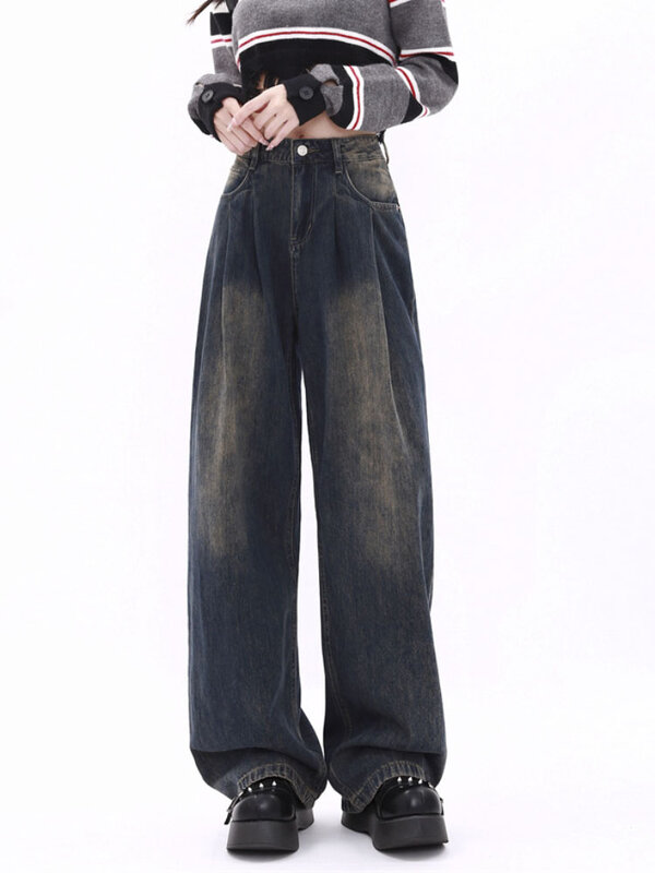 High-waisted Blue Wide-leg Floor-length Women's Jeans Korean-style Retro Fashion Denim Pants Baggy Women's Aesthetic Trousers