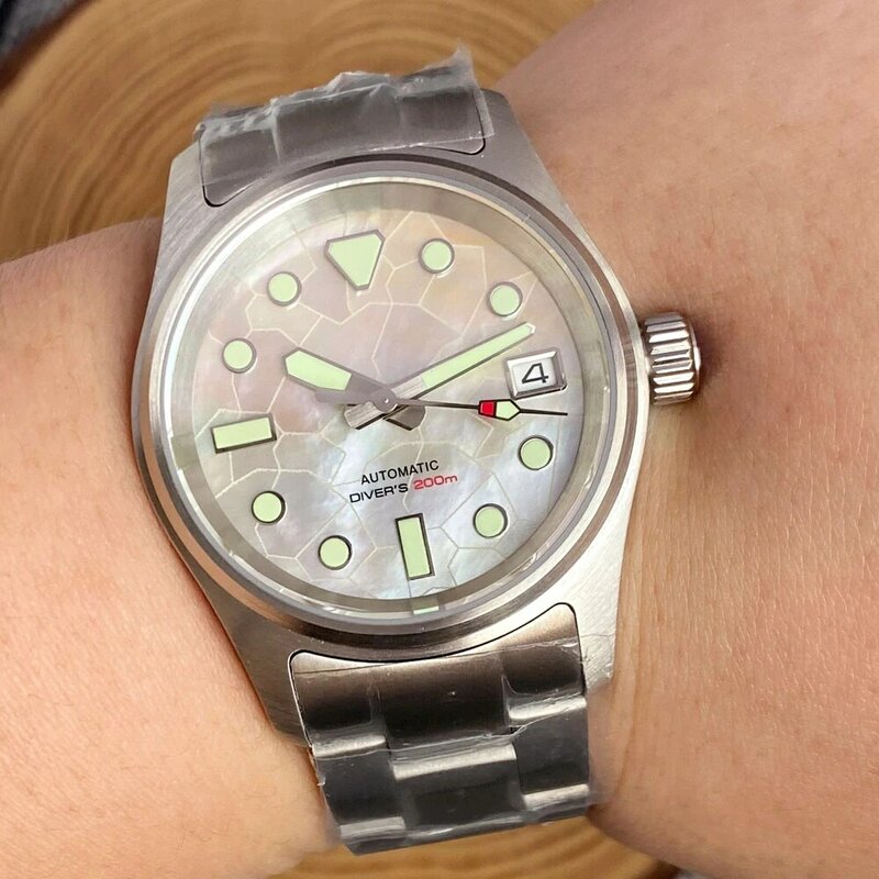 Tandorio relógio de pulso mecânico, piloto campo mergulhador relógio, Dial MOP, bracelete escovado, safira cristal, data, verde Lume, NH35, 36mm