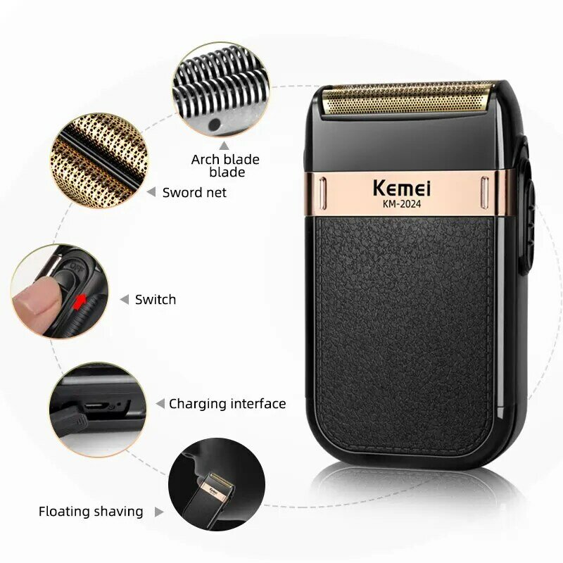 Kemei-2024 Rasoir Électrique pour Hommes Double Lame Étanche Rasoir Sans Fil USB Rechargeable Rasage Barber Tondeuse