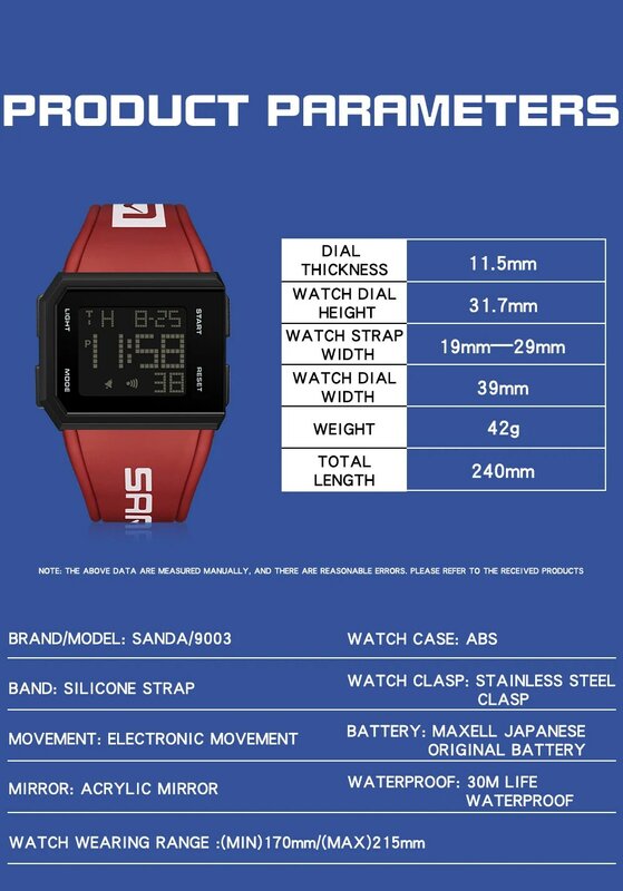 SANDA 패션 밀리터리 남성용 시계 50M 방수 스포츠 시계 남성용 LED 전자 손목 시계, Relogio Masculino 9003