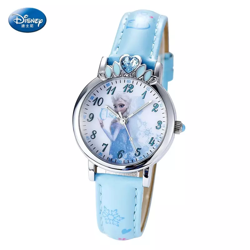 Disney-reloj de cuarzo con hebilla de aleación para mujer, accesorio de pulsera con diseño de princesa Frozen 3Bar, resistente al agua, con correa de cuero redonda, regalo