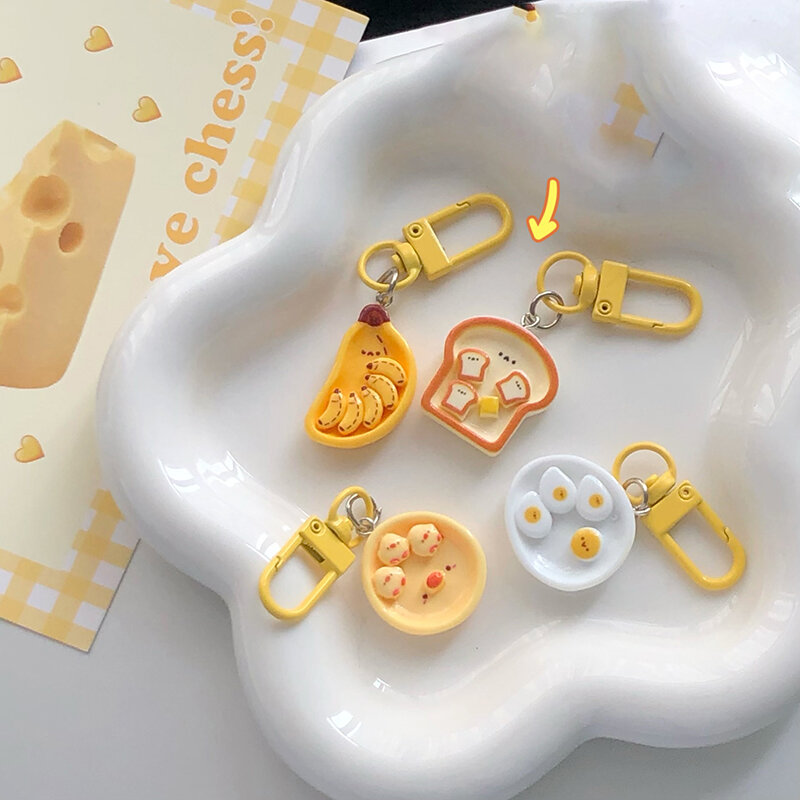 Porte-clés en forme d'œuf poché de dessin animé mignon, porte-clés créatif de nourriture de petit déjeuner, pendentif de sacs de décoration de sac à dos, gels de toast