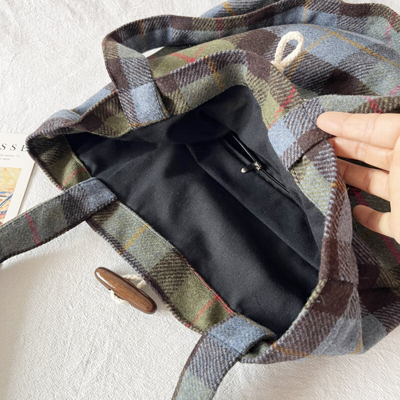 Bolsa tiracolo de lã vintage, sacola de grande capacidade, bolsa de ombro viajante, fivela grande, outono e inverno, nova