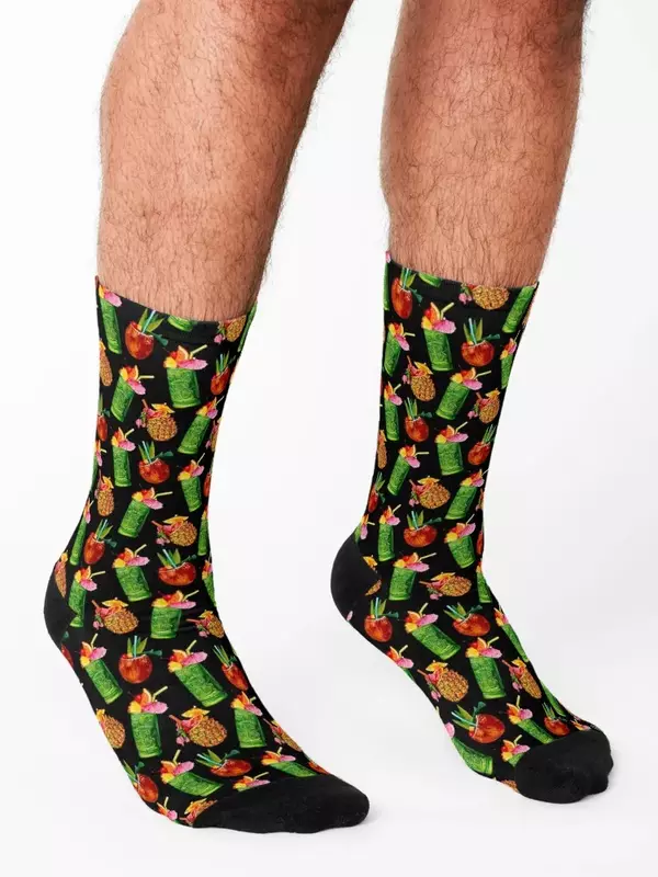 Tiki Cocktail Pattern - Black Socks summer retro Stockings Women Socks Men's