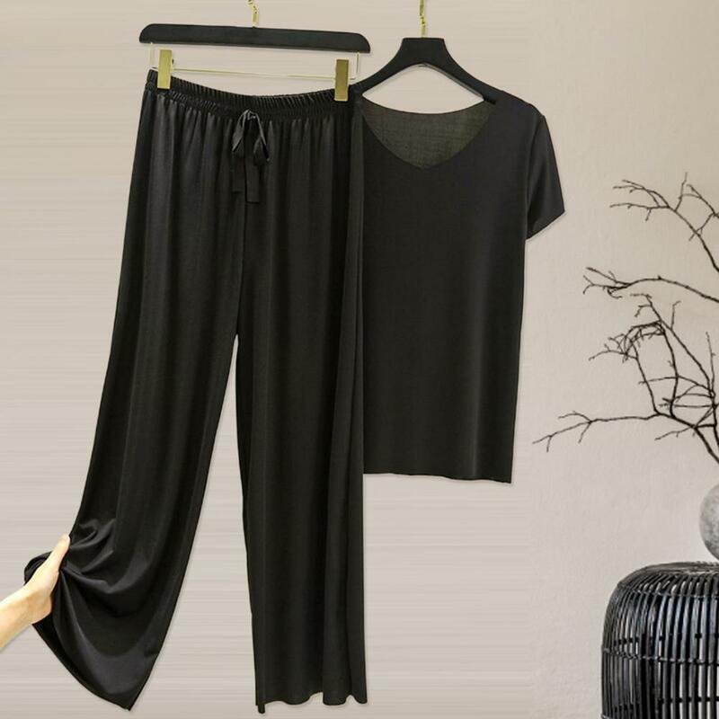 2 Pcs/Set Stylish Drawstring Summer T-shirt Pants Set Loose Thin Plus Size Summer Top Trousers Set Keep Cooling