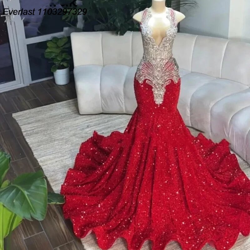 EVLAST Glitter Red Mermaid Prom Dress 2024 Luxury Crystal Sequins Birthday Party Gowns For Black Girls Vestidos De Gala TPD33