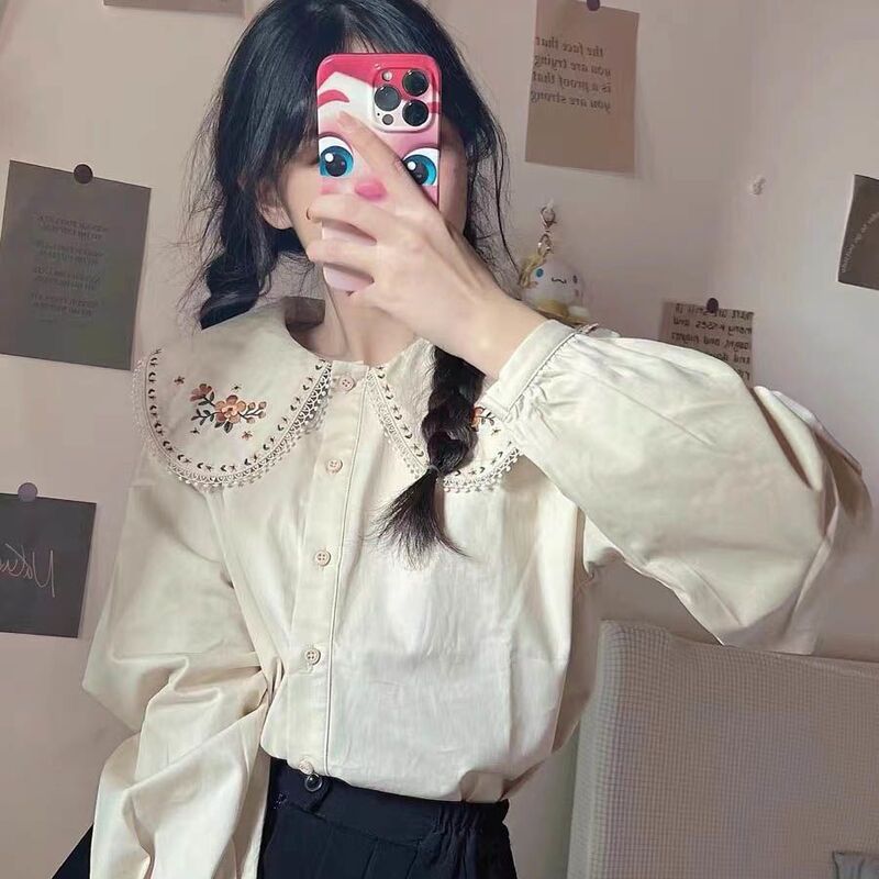 Peter Pan Kragen Shirts Frauen Nette Koreanische Stil Vintage Studenten Reine Mädchen Harajuku Weibliche Mode Chic Tops Neue Ankunft Herbst