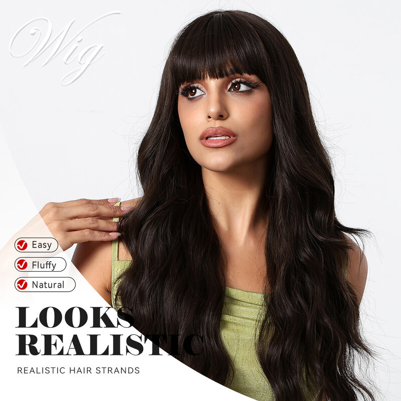 Long Wavy Curly Dark Brown Synthetic Wigs for Women Natural Fiber Wigs With Bangs for Daily Use Cosplay Heat Resistant Hair
