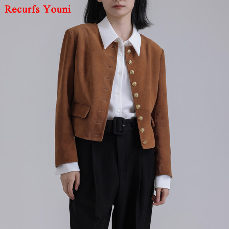 Chaqueta de cuero de ante para mujer, abrigo informal de manga larga con cuello redondo de Metal y botonadura única, 2023