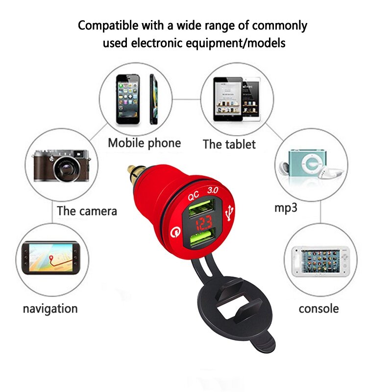 Carregador Rápido Dual USB para Carro, QC3.0, 2 Display Digital, Voltímetro, Vermelho, Vermelho