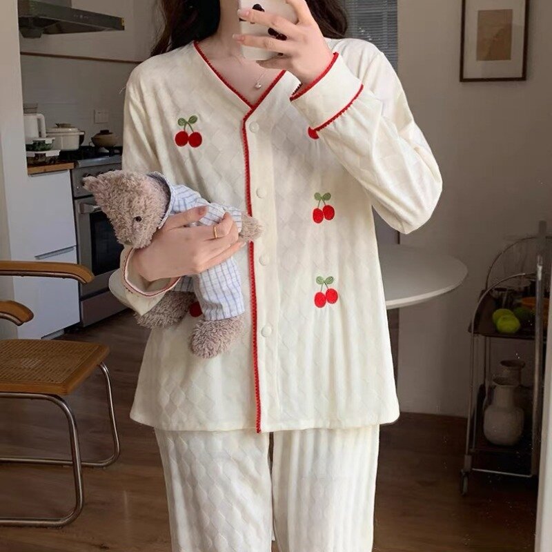 Pijama de algodón de manga larga para mujer, ropa de dormir con bordado de cereza, traje de estar por casa, primavera y otoño