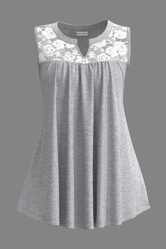Flycurvy Plus Size Casual Grey Lace Stitching Decorative Button Fold Tank Top