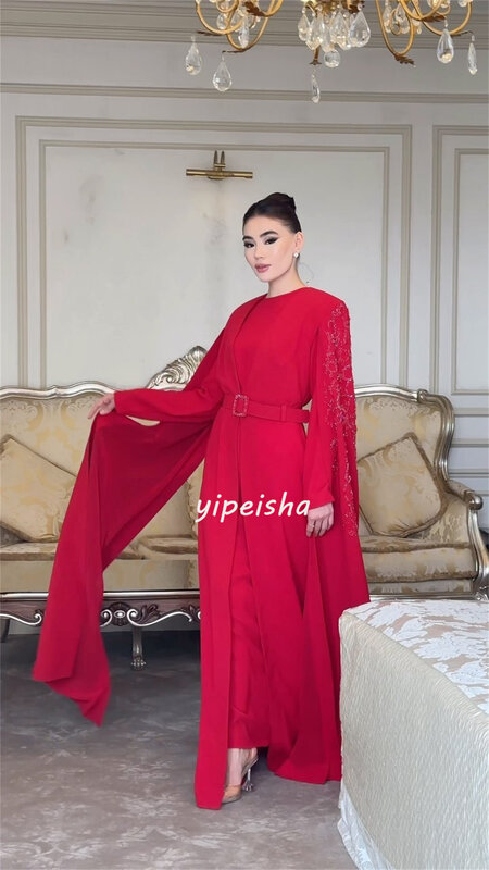 Intricate Retro Jersey Beading Sequined Sash Pleat Ruched A-line Scoop Neck Long Dresses Celebrity Dresses Chinese Style Casual