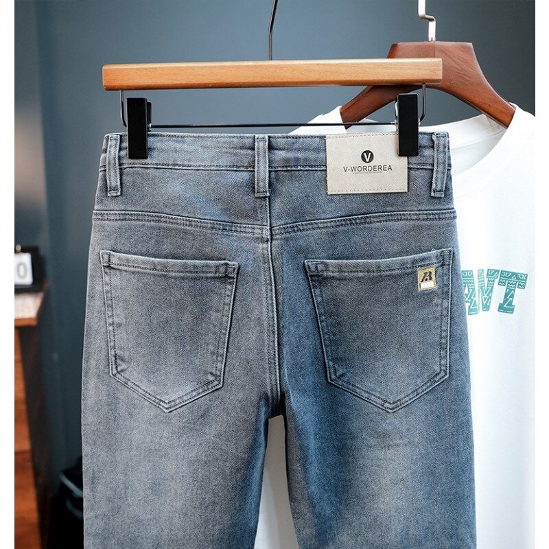 Мужские брюки сезон весна-осень 2024, джинсы, мужские облегающие эластичные брюки для небольших ног, повседневные брюки для похудения