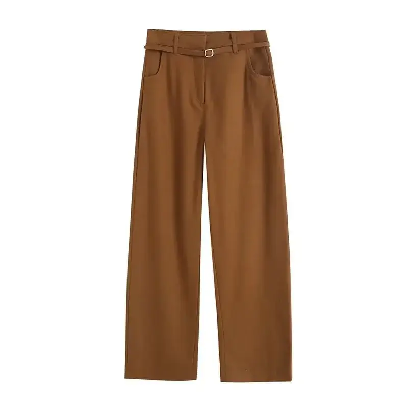 Calça feminina retrô de cintura alta voadora, coringa de duas cores, calça reta de bolso lateral, moda de escritório, 2023