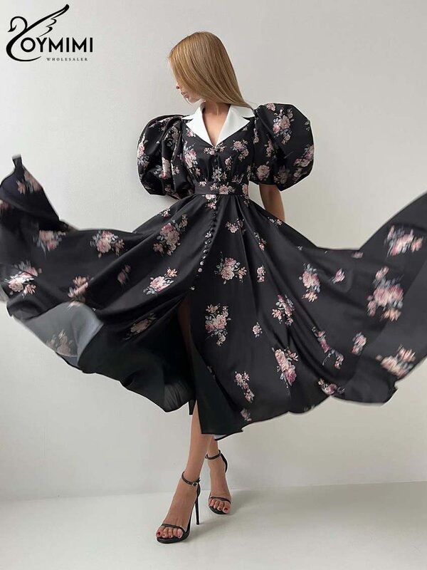 Oymimi gaun wanita motif hitam elegan, Gaun modis kerah lengan pendek satu baris kasual bertali lipit Gaun setengah betis