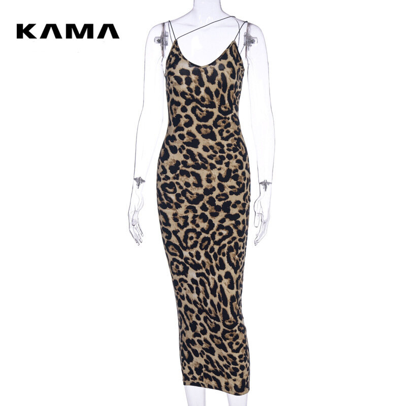 Kama Leoparden muster ärmellose V-Ausschnitt sexy Midi Kleid Frühling Frauen Mode Streetwear Weihnachten Party Outfits