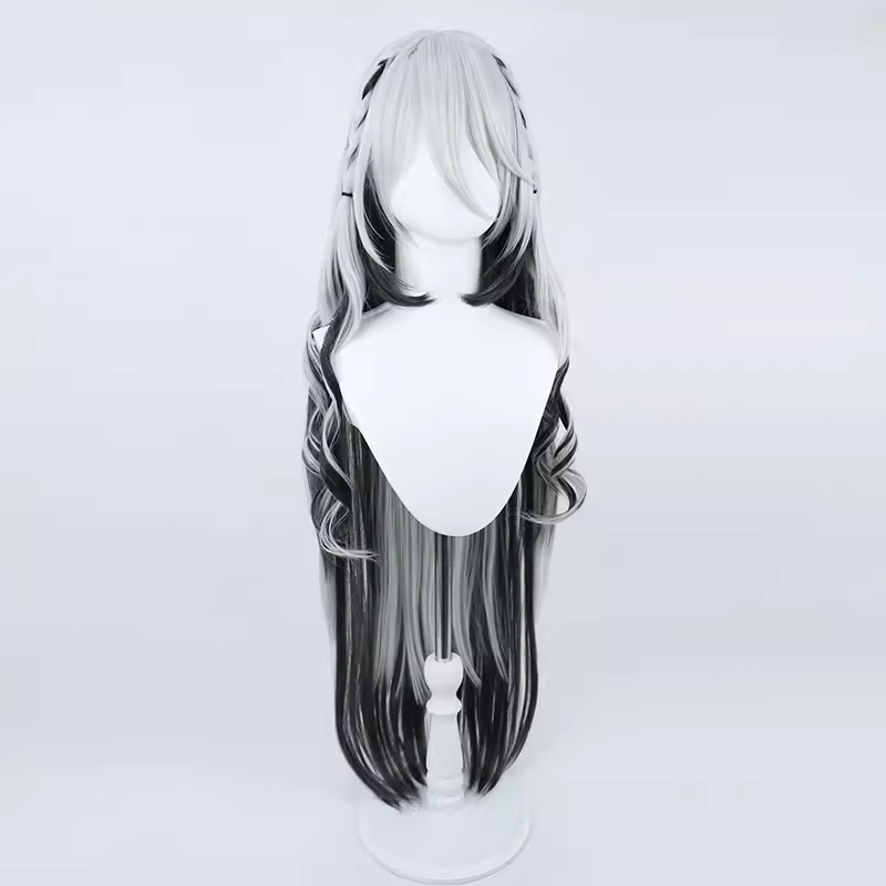 Wig Cosplay Sophia, wig serat sintetis anime vasber hitam dan putih dengan rambut panjang + topi Wig