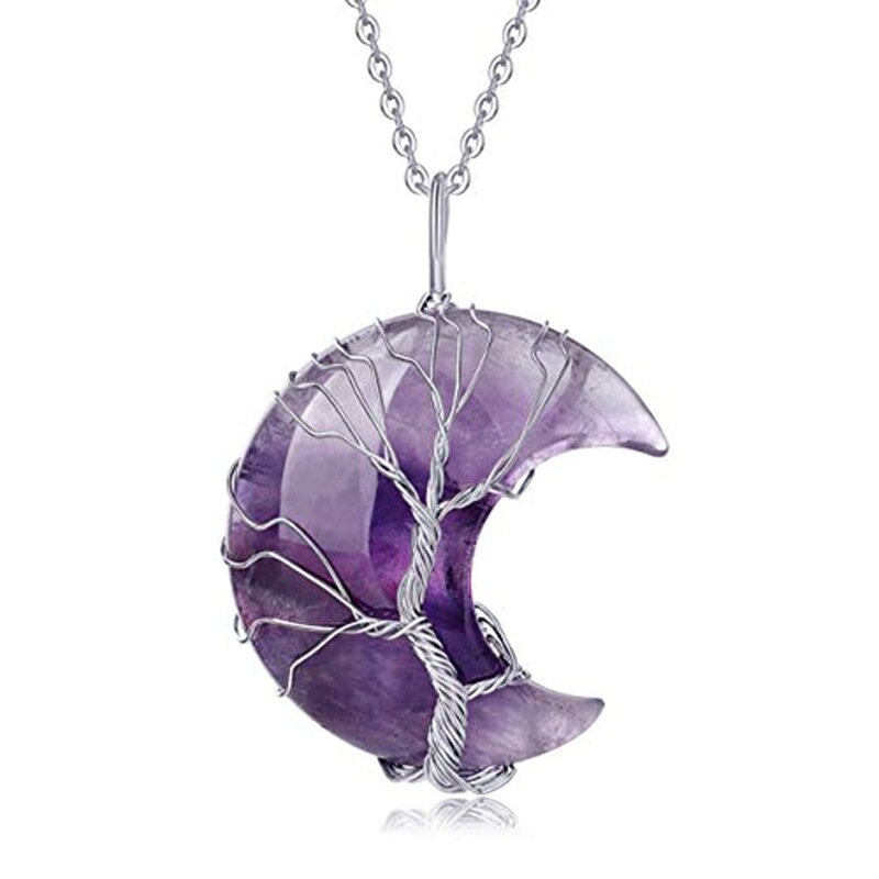 Natural stone amethyst moon tree of life Necklace Wire Wrap Crescent Moons Crystal Pendants Chip Quartz Natural Stone Resin