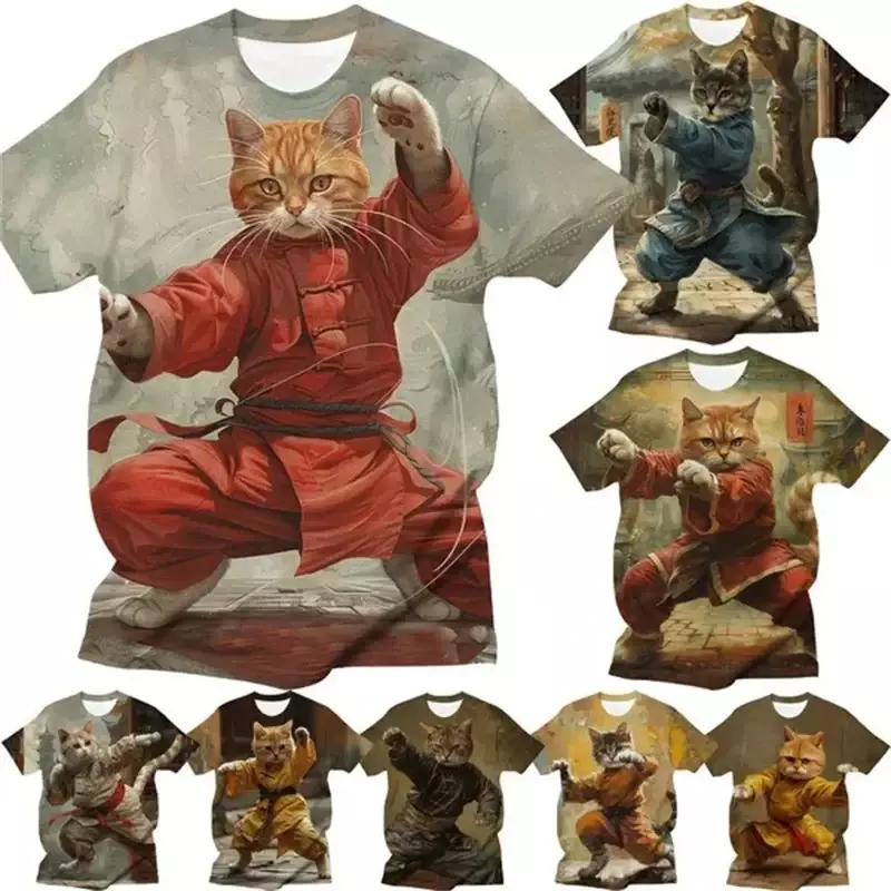Unisex engraçado Tai Chi Cat 3D impresso t-shirt, top infantil, animal bonito, nova moda, verão