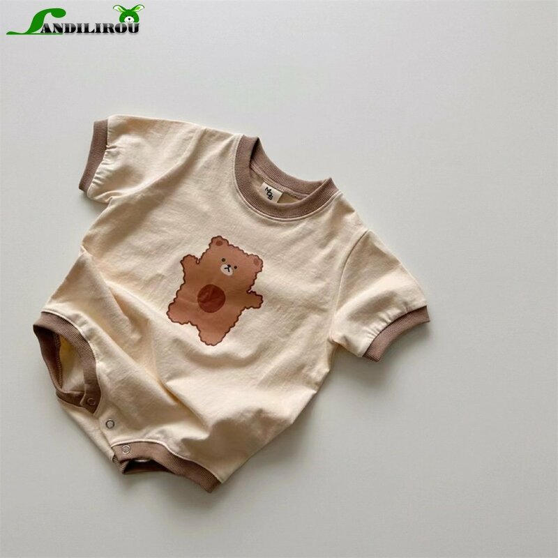 Monos de algodón para niños y niñas, ropa de manga corta con estampado de oso, para exteriores, para recién nacidos