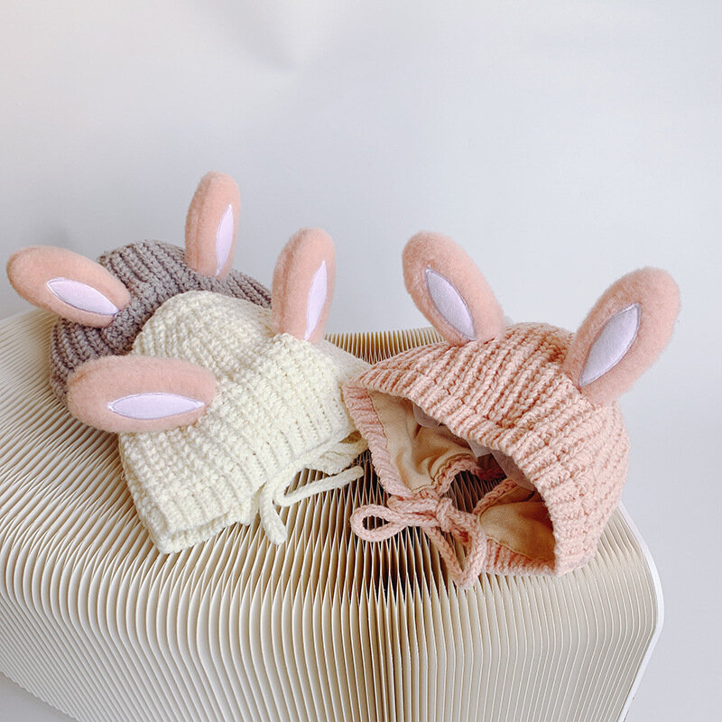 2023 Autumn Winter Newborn Girl Hat Bear Rabbit Ears Knitted Infant Girl Caps Multiple Color Available Lace-up Baby Girl Hats
