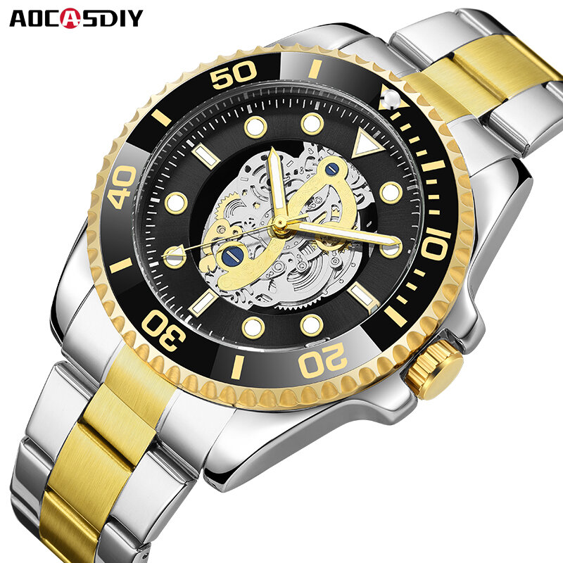 Aocasdiy นาฬิกาเป็นทางการสุดหรูแฟชั่นสำหรับผู้ชาย, นาฬิกาโครโนกราฟกันน้ำนาฬิกาข้อมือควอตซ์เรืองแสงพร้อม Jam Tangan tanggal อัตโนมัติสำหรับผู้ชาย