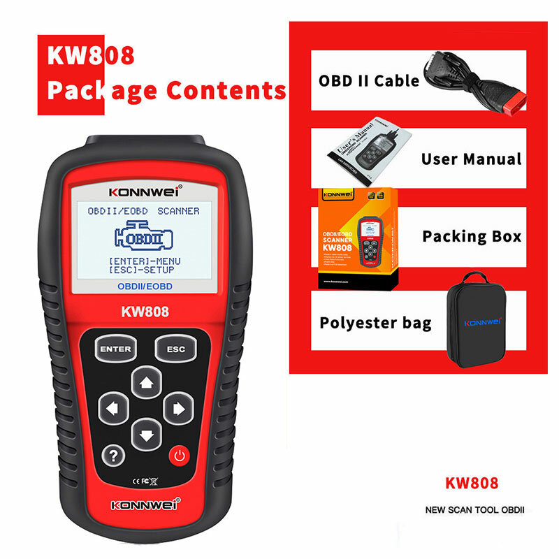 KONNWE-KW808 Scanner automatique OBD2, lecteur de code OBD 2, outil de Cristal du moteur Fualt, EOBD, LilOBDII, outils de diagnostic comme MS509
