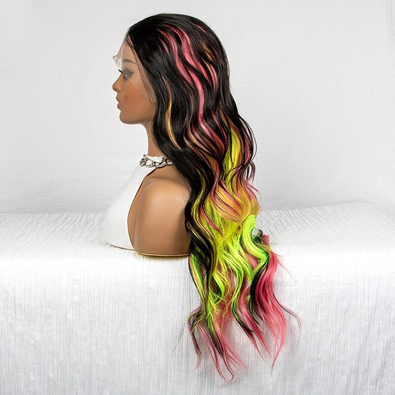 Pelucas de cabello sintético de colores, postizo de encaje frontal largo de 30 pulgadas, negro, amarillo, rosa, mezclado, resistente al calor
