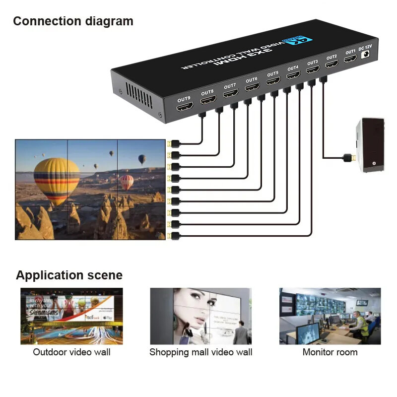 3 X3 비디오 월 컨트롤러, 4K HDMI DVI TV 월 컨트롤러 프로세서, 3x3, 2x3, 2x4, 4x2, LCD 9 스크린 스플라이싱 박스, RS232 포함 4K HDMI Video Wall Controller 3x3 1 in 9 out HDMI DVI Video Wall Processor 1x2 1x4 2x3 4x2 Multi Video Screen Processor Spli