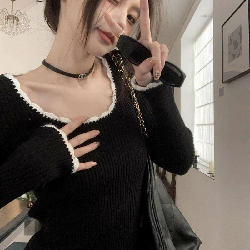 Solid Color Square Collar Shirt Elegant Square-cut Collar Long Sleeve Hanging Neck Polyester Retro Back Suspender Top Date