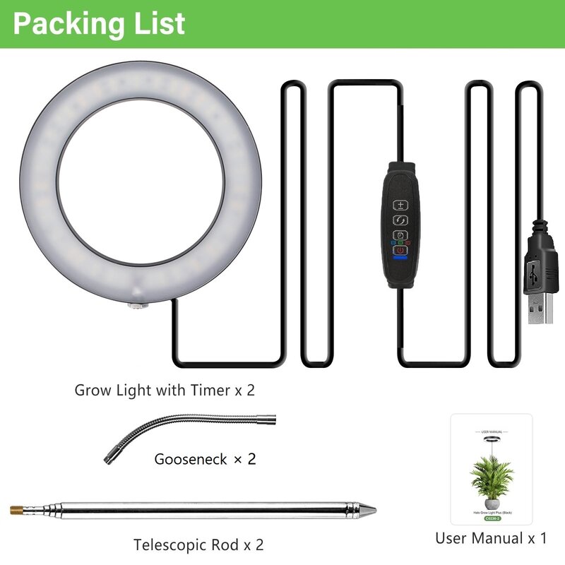 16cm Ring Grow Lights for Indoor Plants, 72LEDs 6000K Full Spectrum Height max 160cm Adjustable with Auto On/Off Timer 3/9/12H